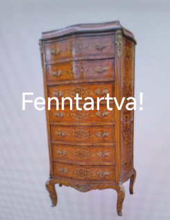 Intarziás 7 fiókos magas komód,smizett réz applikációkkal