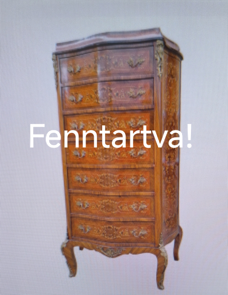 Intarziás 7 fiókos magas komód,smizett réz applikációkkal