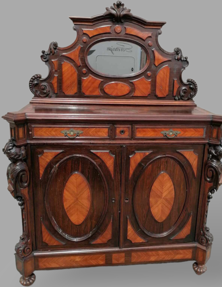 Antik neoreneszánsz intarziás pohárszék, tálaló