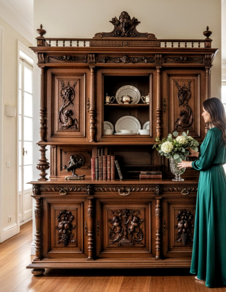Antik monumentális neoreneszánsz dió tálalószekrény