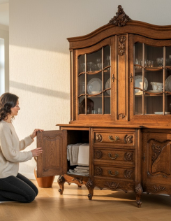 Antik neobarokk faragott tölgyfa tálaló vitrin