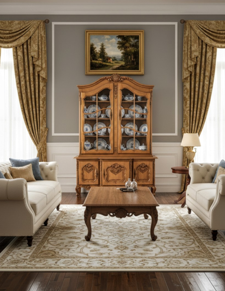 Elegáns neobarokk tölgyfa vitrin / tálalószekrény – Kiváló állapotban