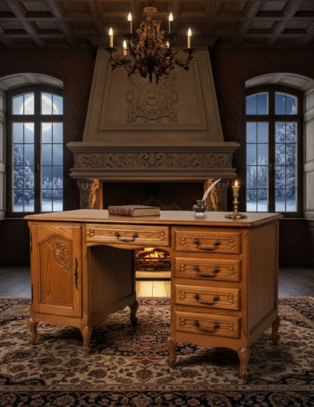 Neobarokk faragott tölgyfa íróasztal – Vintage francia stílus (Louis XV)
