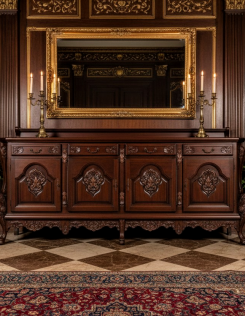 Exkluzív, dúsan faragott spanyol neoreneszánsz tálaló komód .