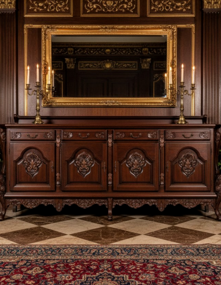 Exkluzív, dúsan faragott spanyol neoreneszánsz tálaló komód .