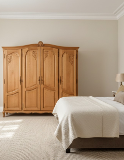 Antik jellegű, faragott tölgyfa gardrób – Neobarokk stílusú, 4 ajtós szekrény