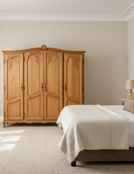 Antik jellegű, faragott tölgyfa gardrób – Neobarokk stílusú, 4 ajtós szekrény